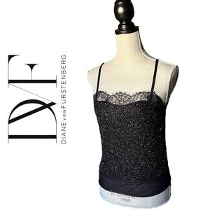 Diane Von Furstenberg Black Silk Embellished Top , Adjustable Straps, Size S/P